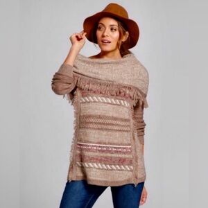 Knox Rose Fringe Cowl Neck Beige Knit Sweater. Size XXL
